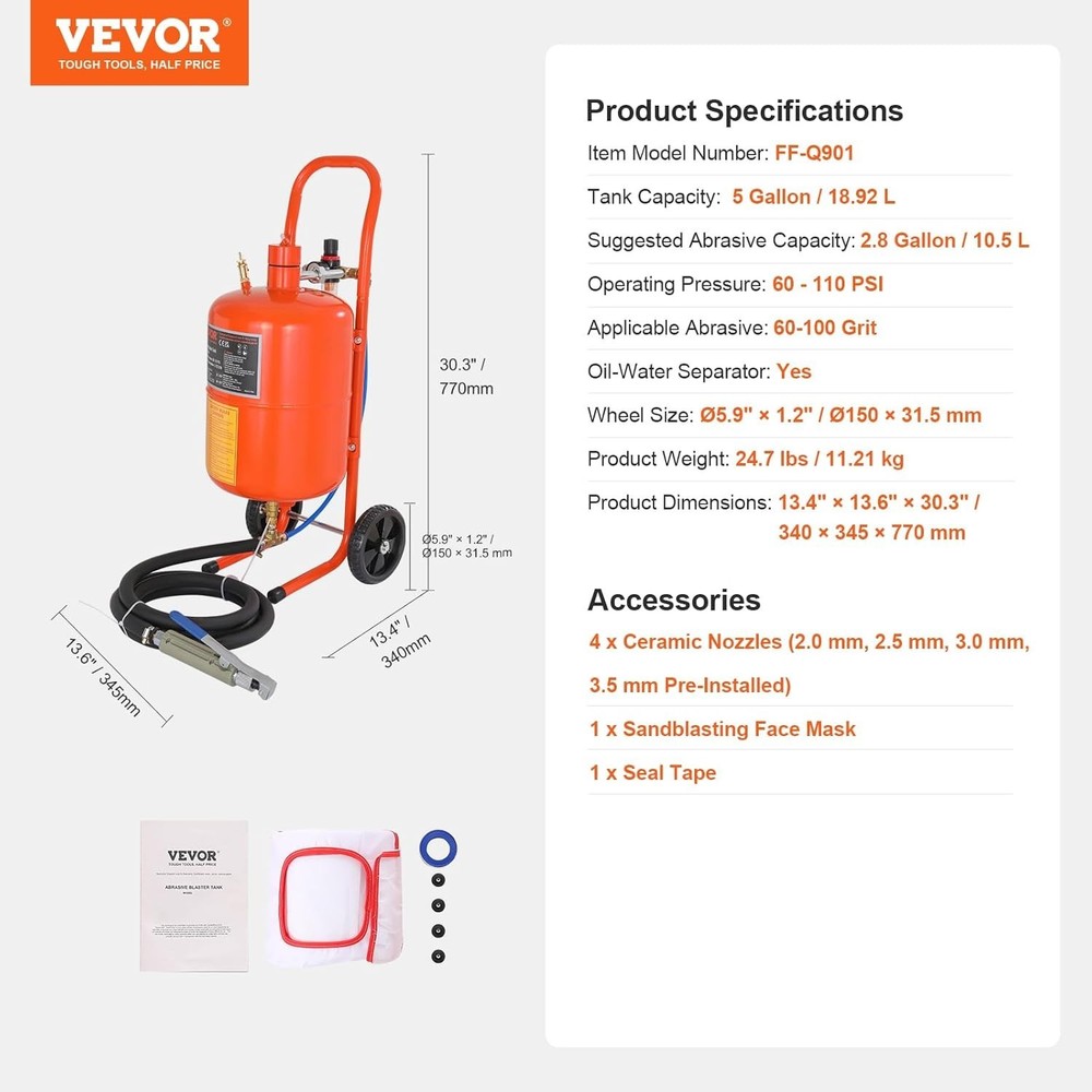 High-Performance Sand Blaster with 4 Durable Nozzles & 8 ft Hose for Easy Access