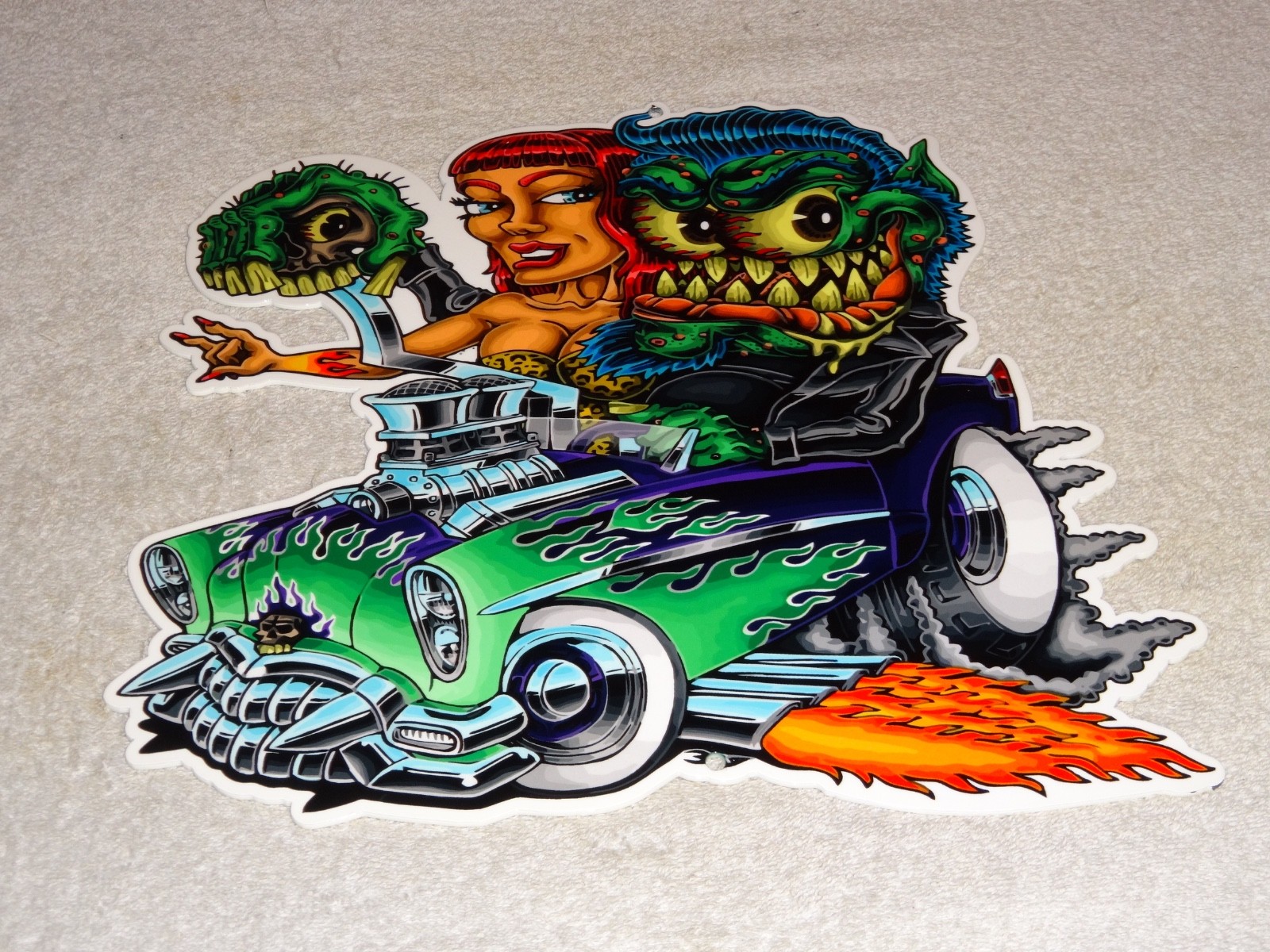 VINTAGE RATFINK DRIVES CAR W/ WOMAN MONSTER 12" METAL GASOLINE OIL RAT FINK SIGN