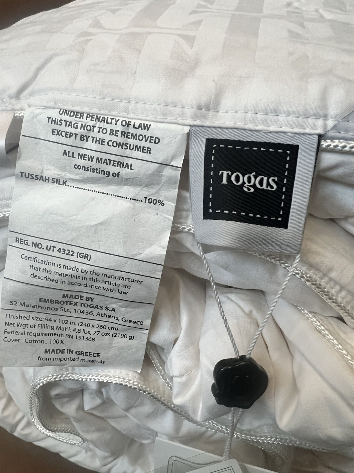 Togas House of Textiles Cotton Shell Tussah Silk Fill King Duvet White $1100new