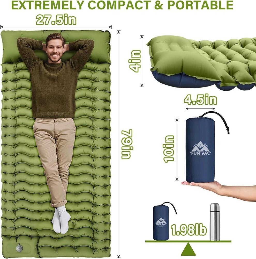 Compact Waterproof Camping Sleeping Pad with Integrated Pump - Single Size Green