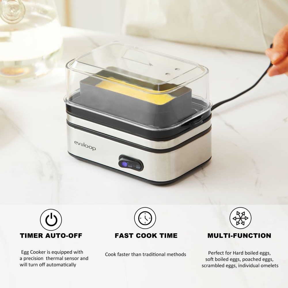 Evoloop Rapid Egg Cooker Electric 6 Eggs Capacity, Soft, Medium, Hard Silver