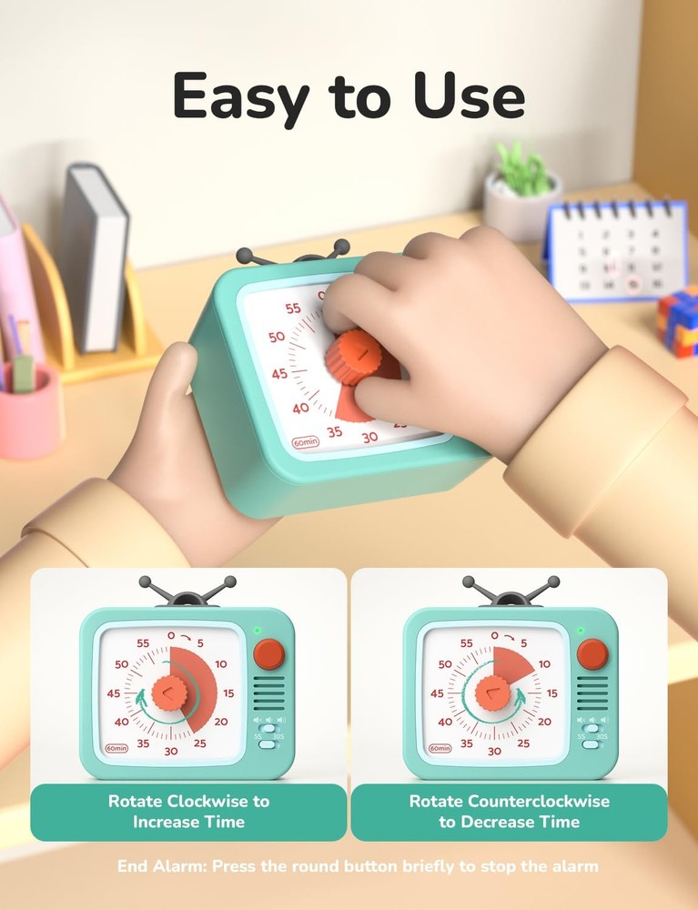 LIORQUE Visual Timer for Kids, 60-Min Countdown, Silent, Pause Function