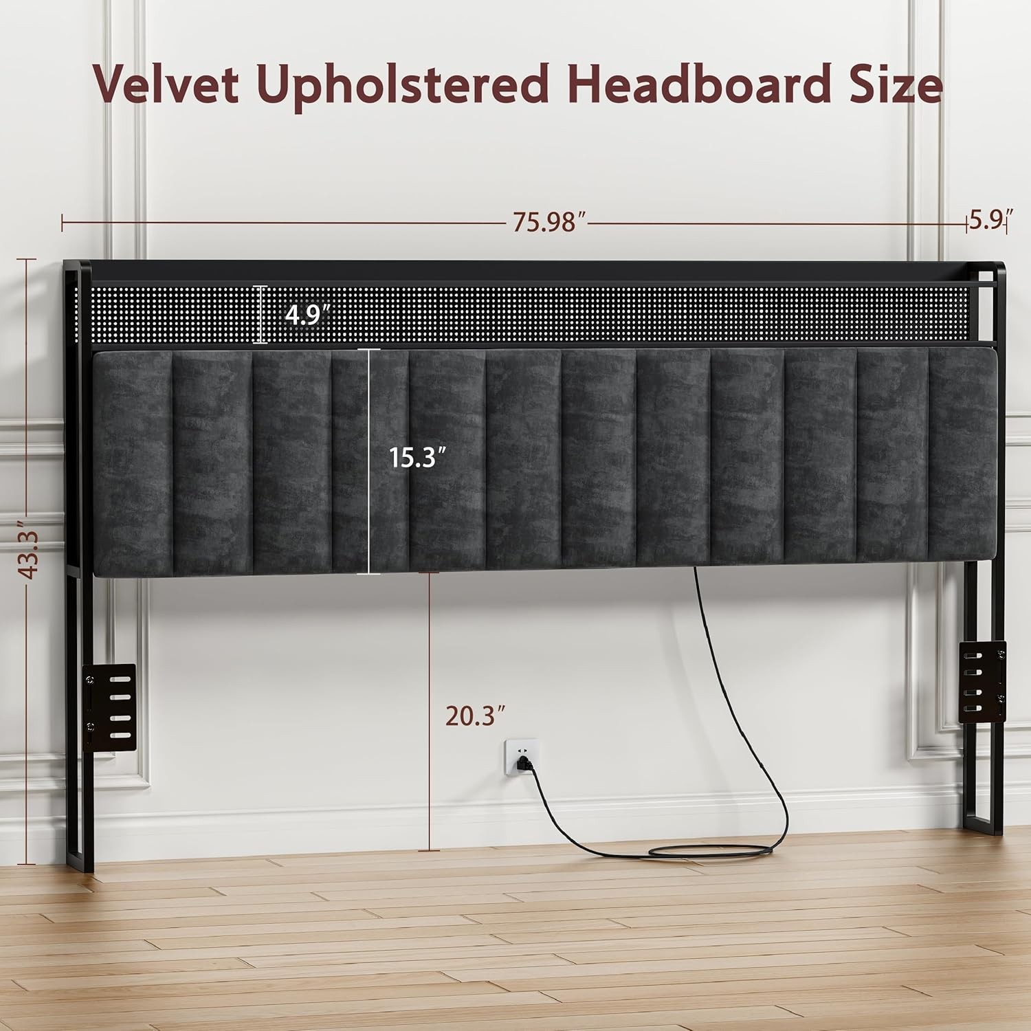 King Size Headboard Only, Upholstered King Headboard with Charging Station, Head
