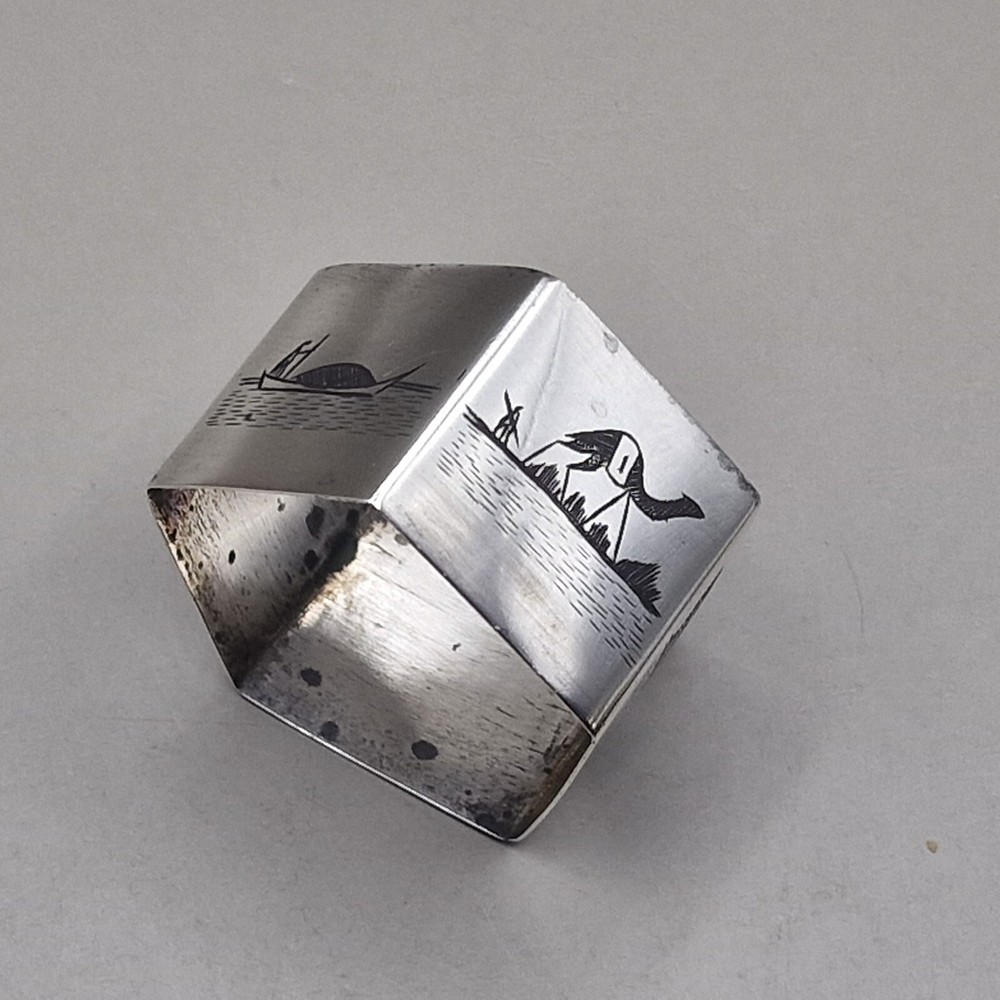 Persian Sterling Silver and Niello Hexagonal Napkin Ring