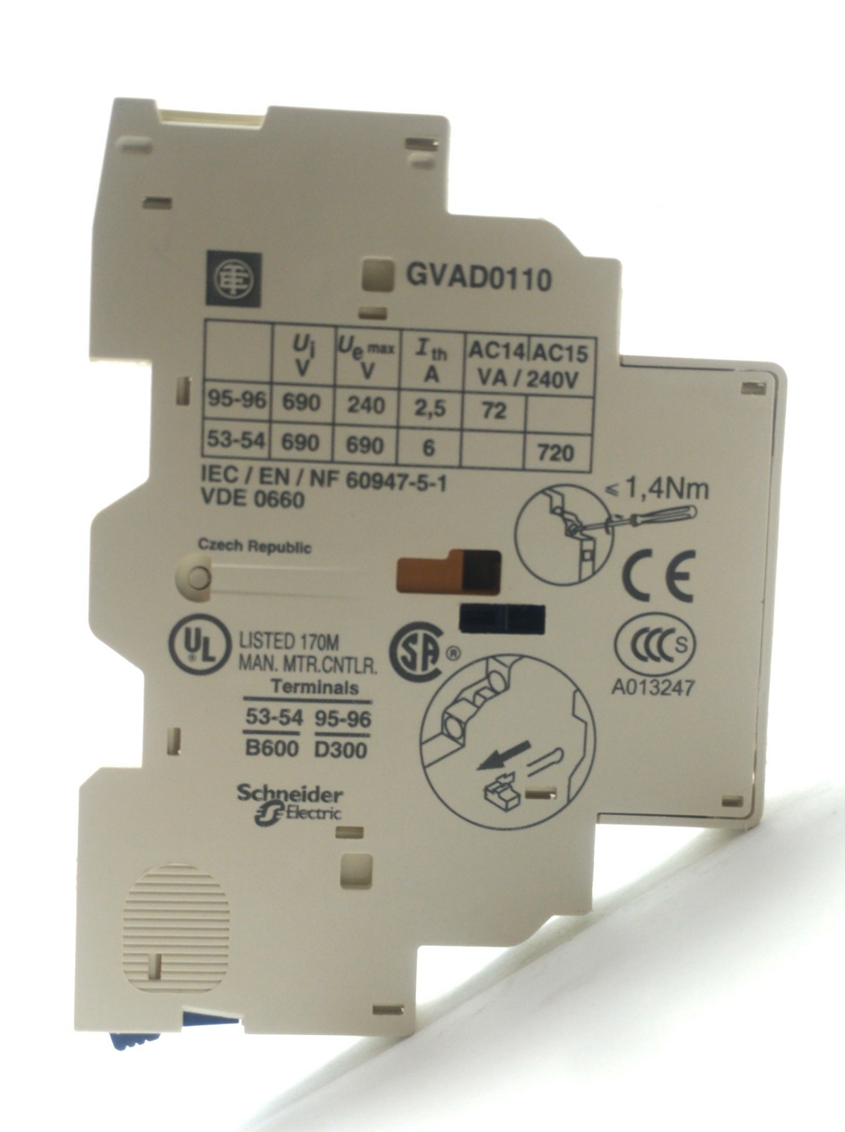 Lot of 2 Schneider Electric GVAD0110 Auxiliary Contact, 2-Pole NO/NC, 690VAC 6A