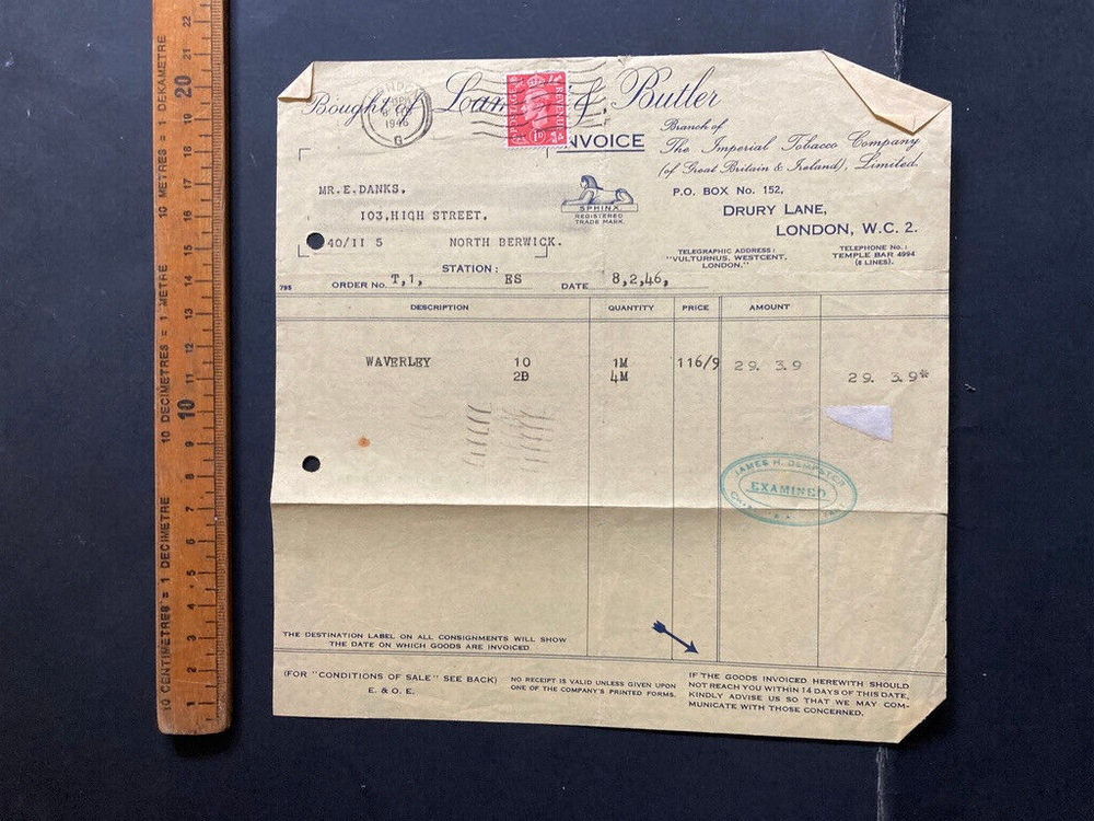 1946 Lambert & Butler bill invoice advice