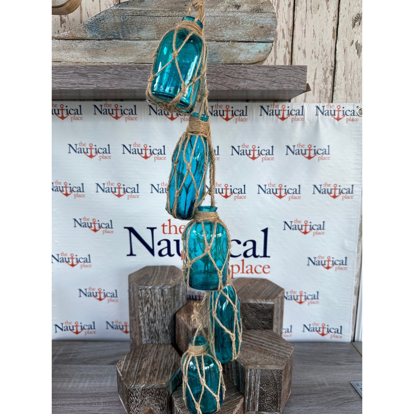 5 - Aqua Glass Bottles On Rope - Nautical Fish Net Buoy Ball Floats, Beach Decor