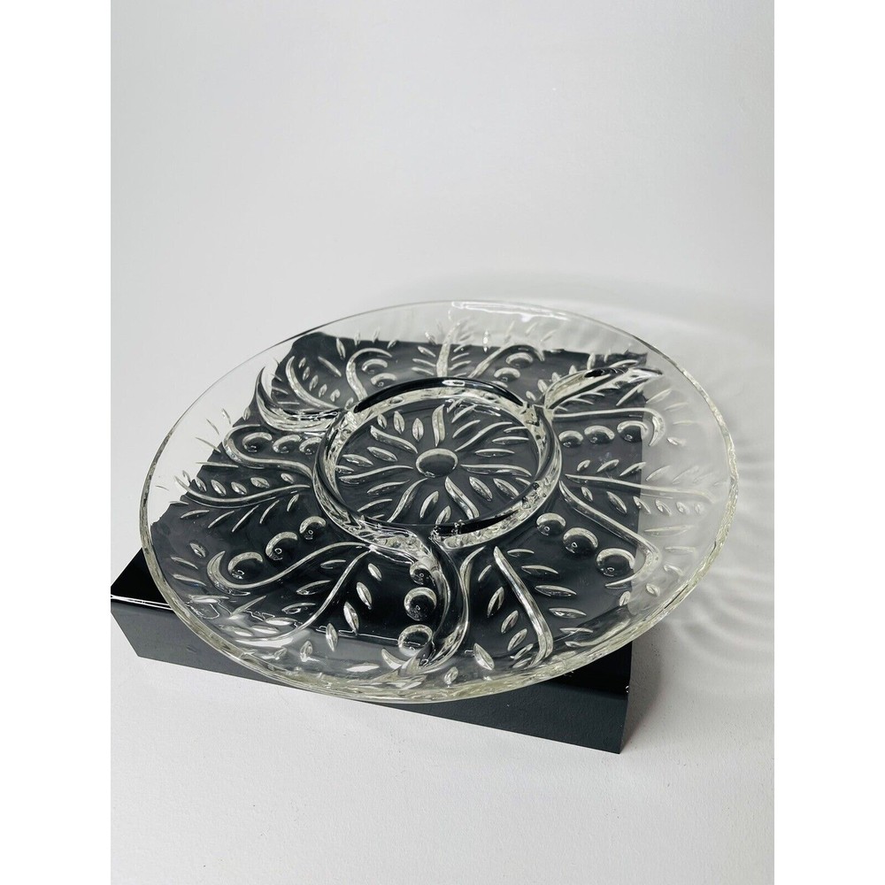 Glass Platter Serving Clear Divided Swirled Sections Dot Leaf Home