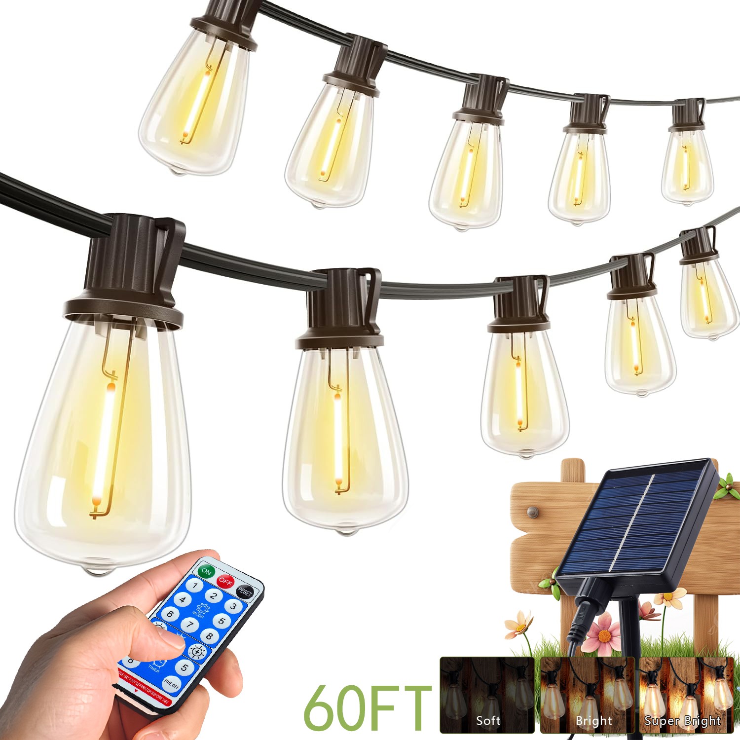 60FT Solar String Lights Outdoor Waterproof Patio w Remote Control 16 ST38 Bulbs