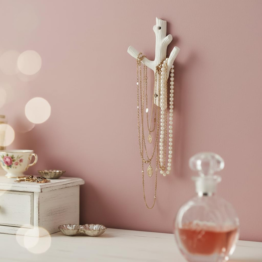 Decorative Tree Branch Wall Hook, White Cast Iron Double Key Hanger