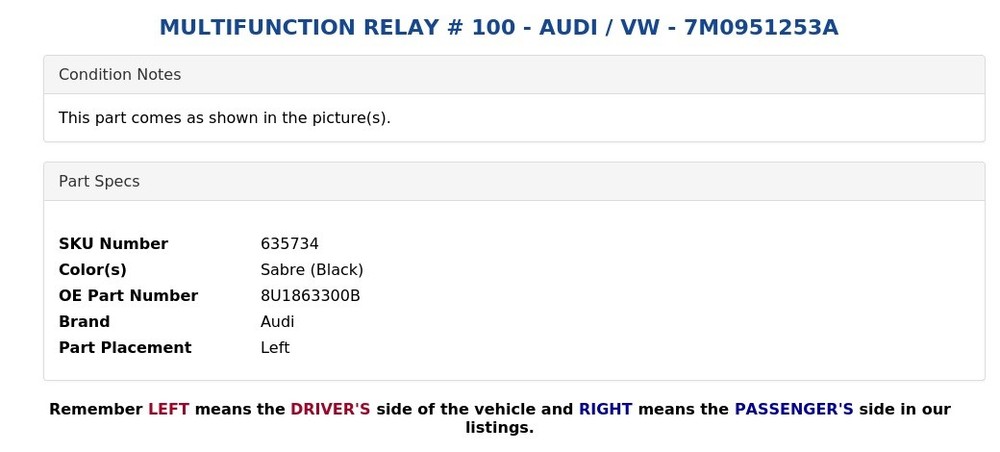 MULTIFUNCTION RELAY # 100 - AUDI / VW - 7M0951253A