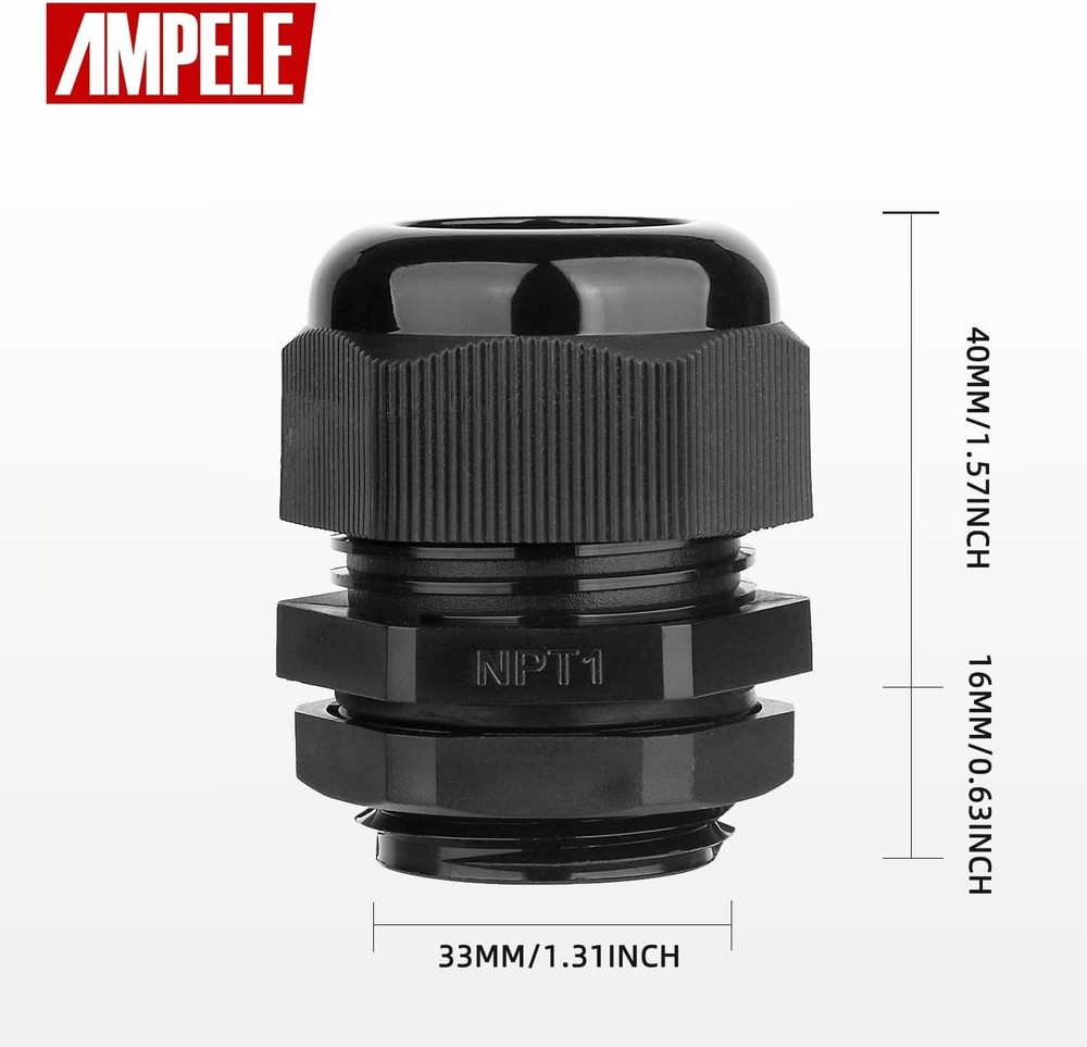 2 Pack 1'' NPT Cable Gland Waterproof Adjustable (2-Pack), Black