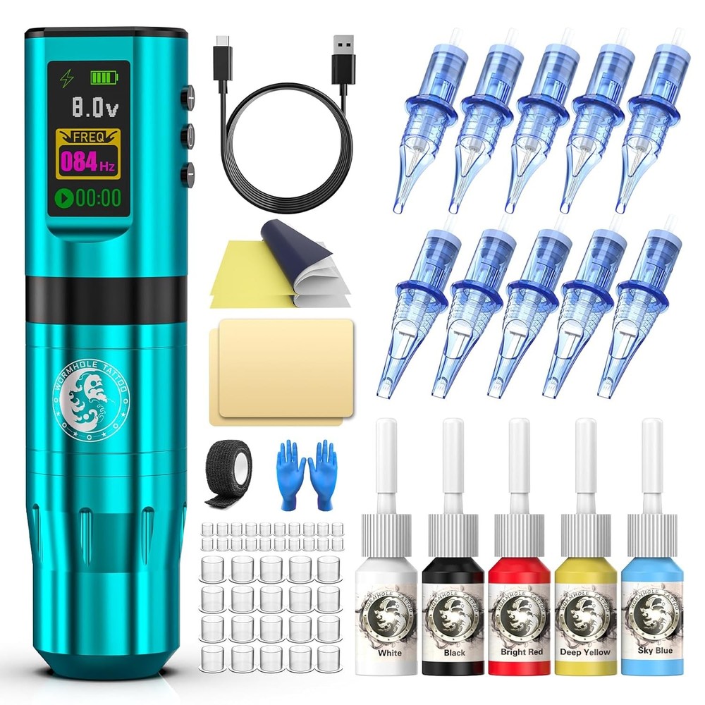 Tattoo Gun Kit, Wormhole Kit Wireless Machine with Blue