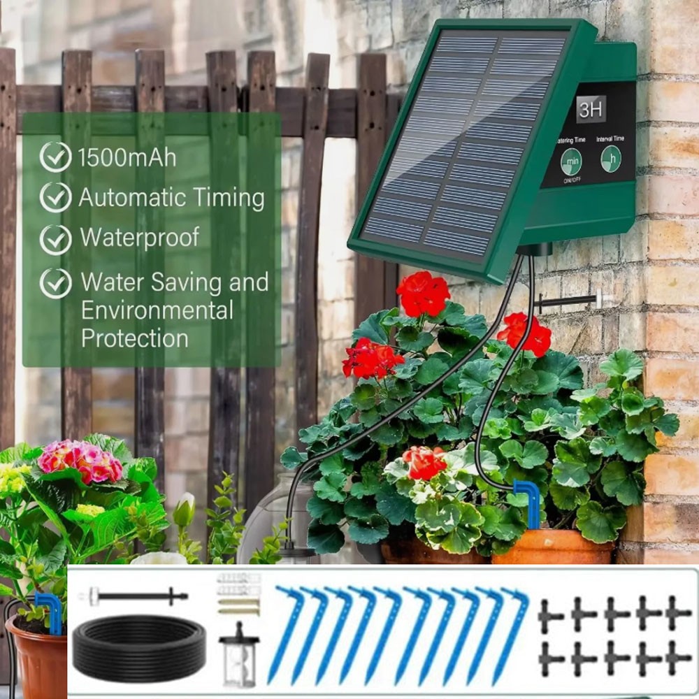 1 SET Solar Automatic Drip Irrigation System with Hose & Timer for Garden