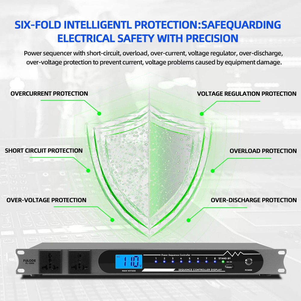 2000W 10 Socket Sequential Rack Professional Audio Power Conditioning ，Digita...