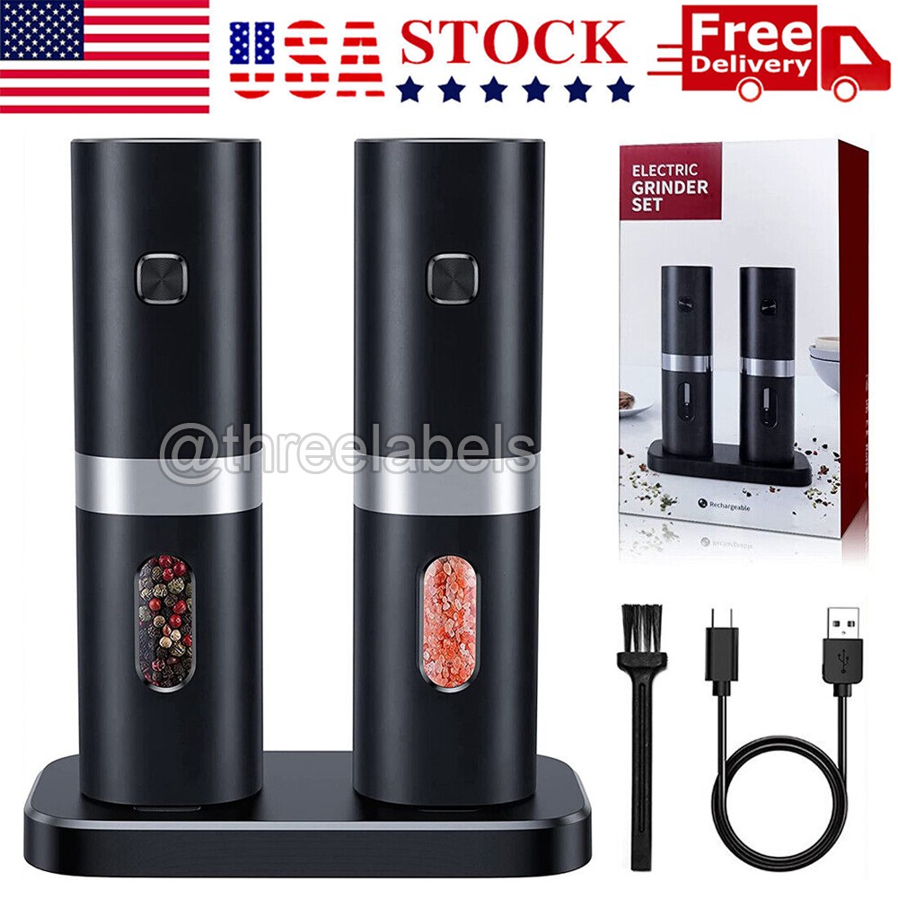 2PCS Electric Salt and Pepper Grinder Set Automatic Grinder w/ Rechargeable Base