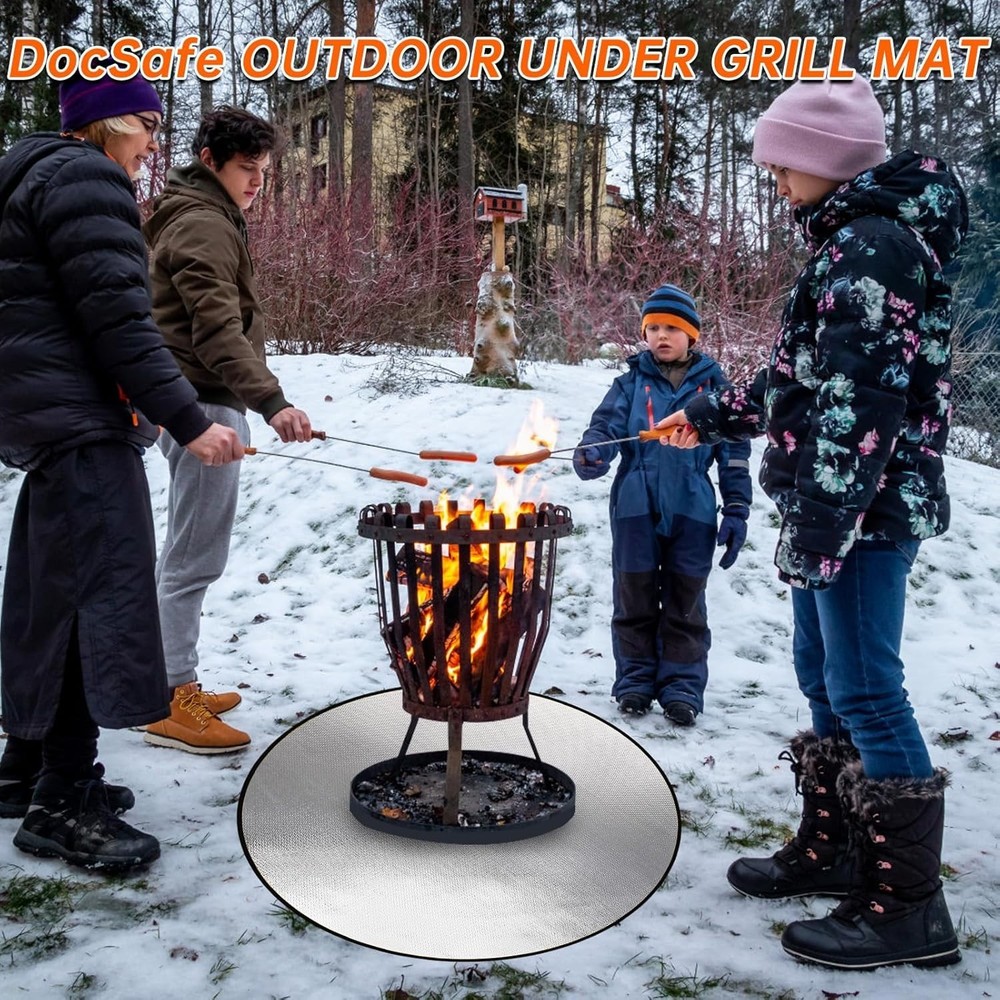 38" Round Fire Pit Mat - Double-Sided Fireproof & Waterproof, Black & Silver