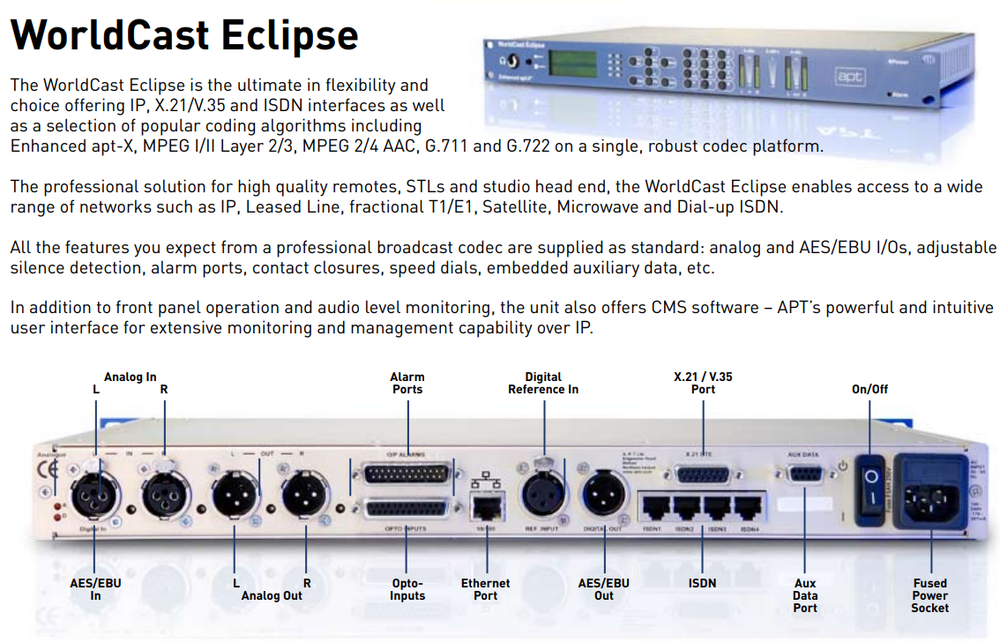 Worldcast Eclipse APT-X Broadcast AES Digital Audio STL Stereo Codec AoIP ISDN