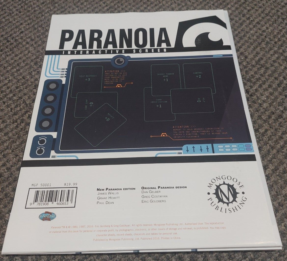 Paranoia - Interactive Screen - Game Master Screen - Mongoose RPG