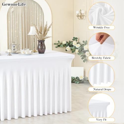 2 Pack Rectangle Tablecloths, Washable Stretch Fitted 6 Feet - 2 Pack White