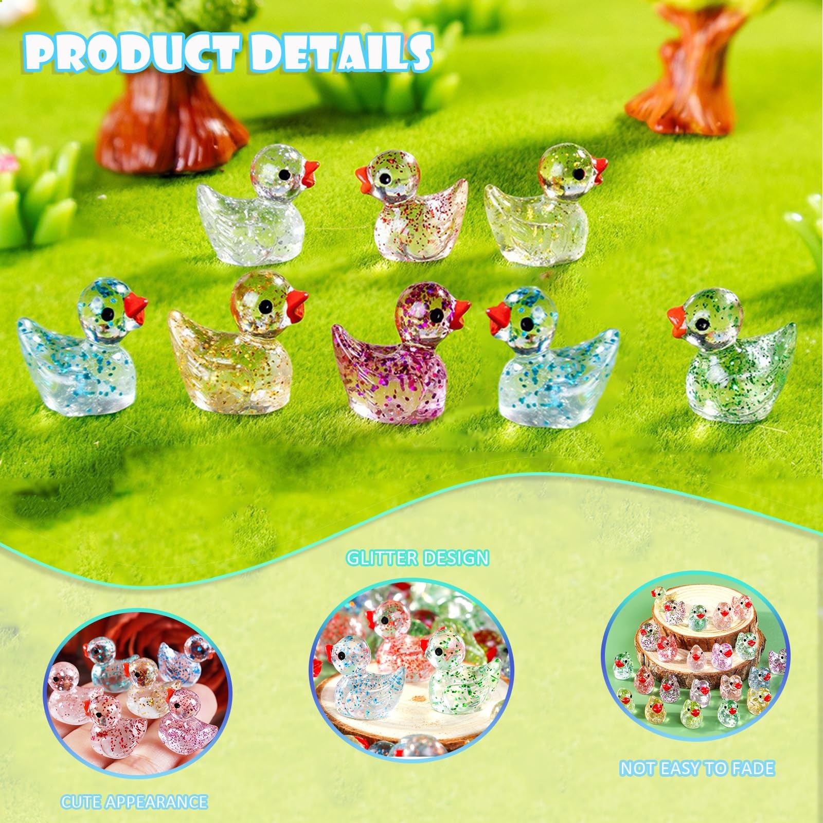100pcs Mini Colorful Glitter Resin Ducks, Tiny Resin Duck Miniature Animals Bulk
