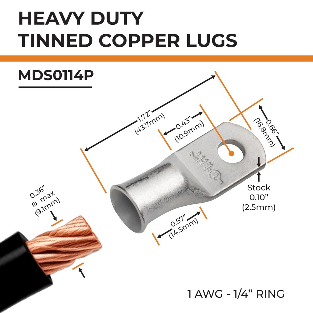 SELTERM 2pcs 1 AWG 1/4 Stud Tinned Copper Wire Lugs, Battery Cable Ends, Ring...