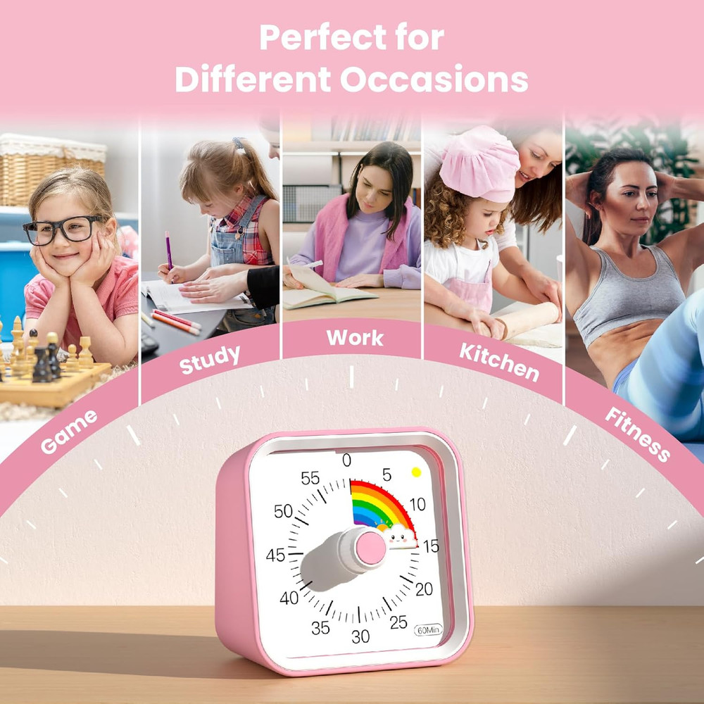 Visual Timer for Kids with Pause Function, Cute Silent Timer with Rainbow for Cl