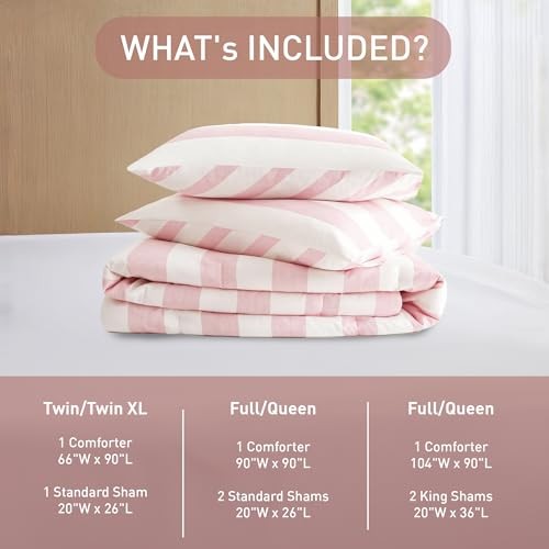 Reversible Striped Comforter Set, Soft Microfiber Bedding Set with King Blush