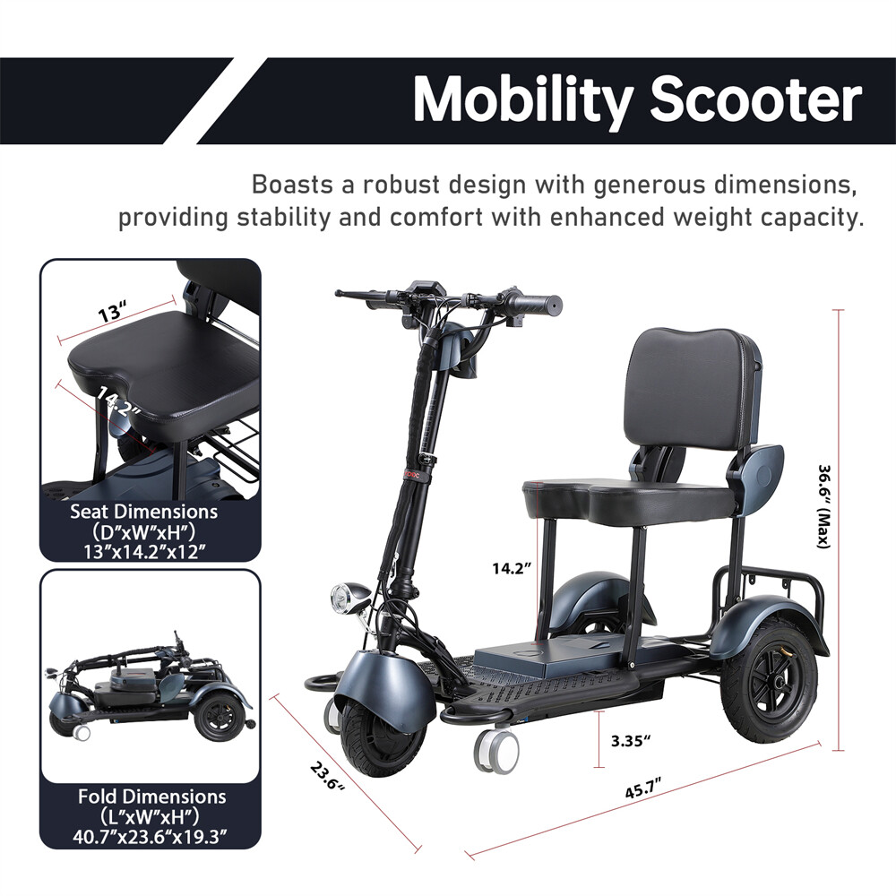 Lightweight 3-Wheel Travel Mobility Scooter 30 Miles 350W 3-Speed 220lb Capacity