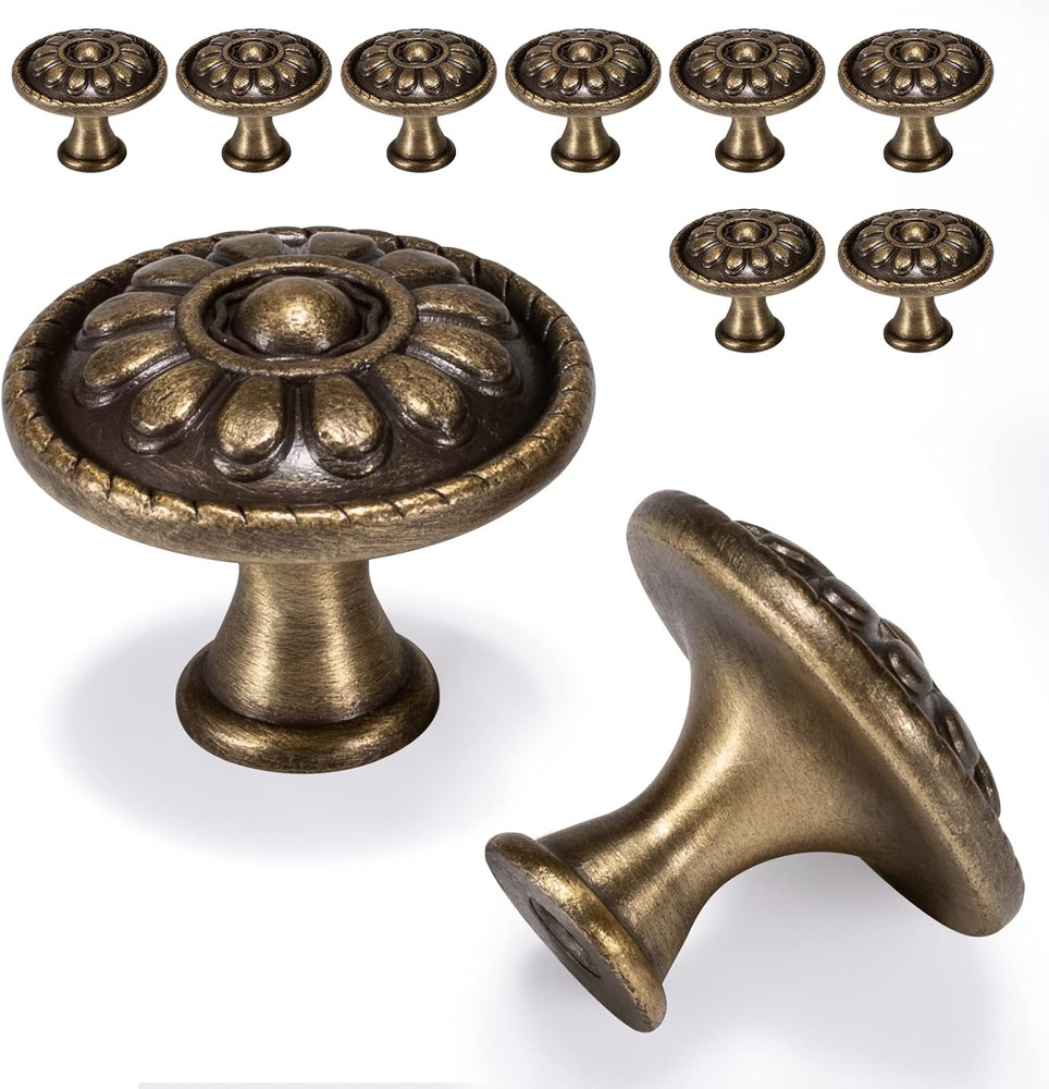 10 Pack Antique Brass Cabinet Knobs, Vintage Retro Drawer Knobs, Solid Round Dre