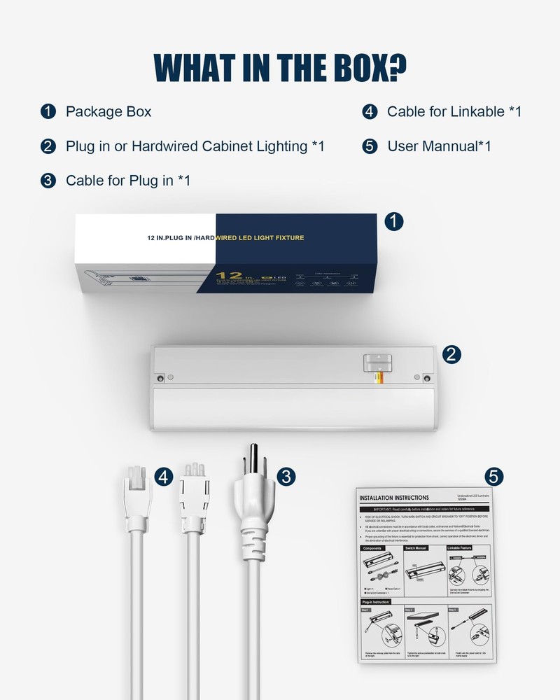 12 Inch LED Under Cabinet Light, Plug in Kitchen Lighting, 3CCT Selectable (3...