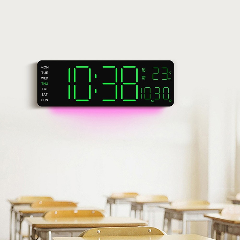 Digital RGB Wall Clock with Remote Control Temp Date Week Adjustable Brightness