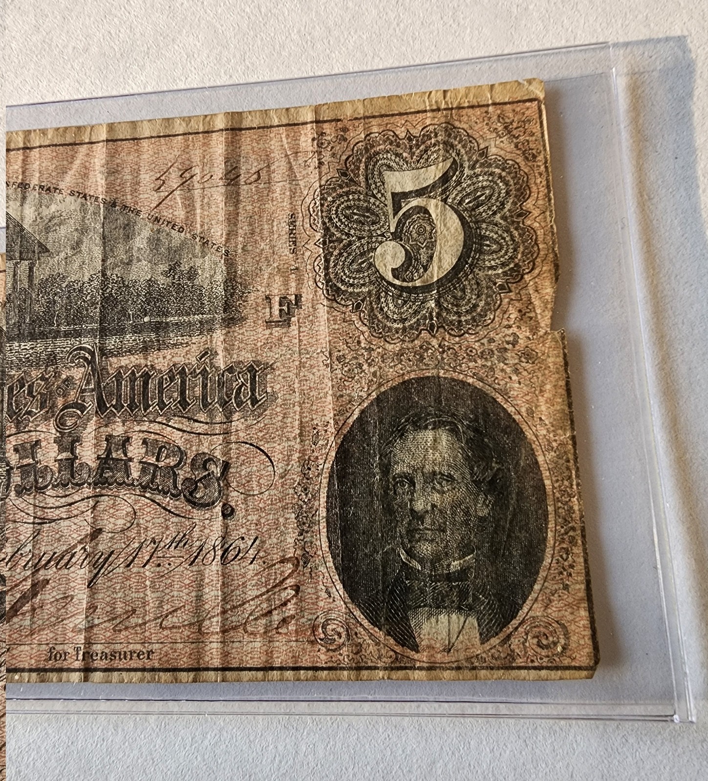 $5 1864 Five Dollar Bill Note Confederate States of America off center error