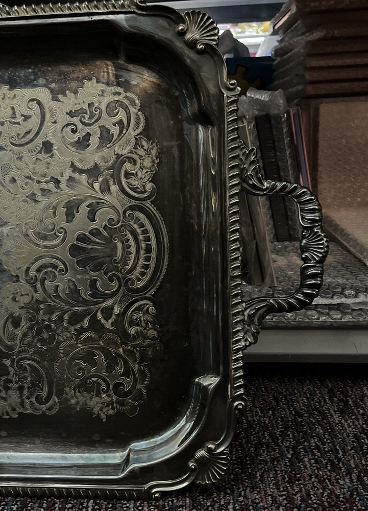 Vintage England 7762 Silver Plated Rectangular Serving Tray with Handles 20"x15"