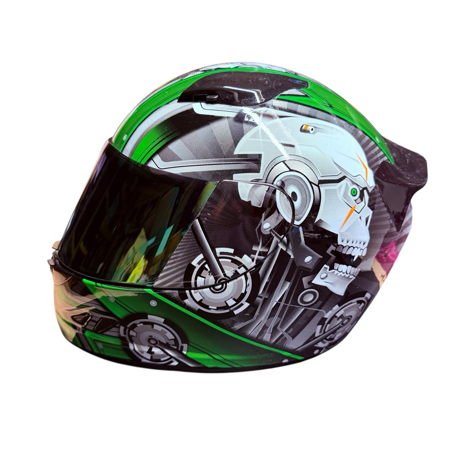 1STORM Motorcycle Bike Full Face Helmet Mechanic Skull Green Large