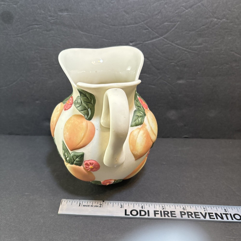 Claire Burke Peach Pottery Pitcher Hand Painted Embossed Raised Peach Pattern