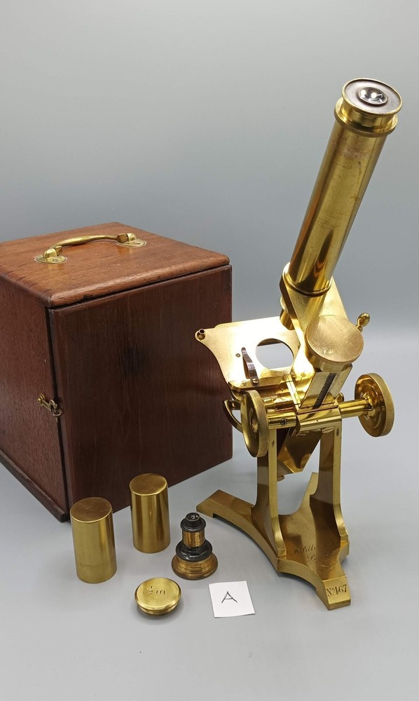 A FINE COMPOUND MICROSCOPE by Pillischer ¾ 19th