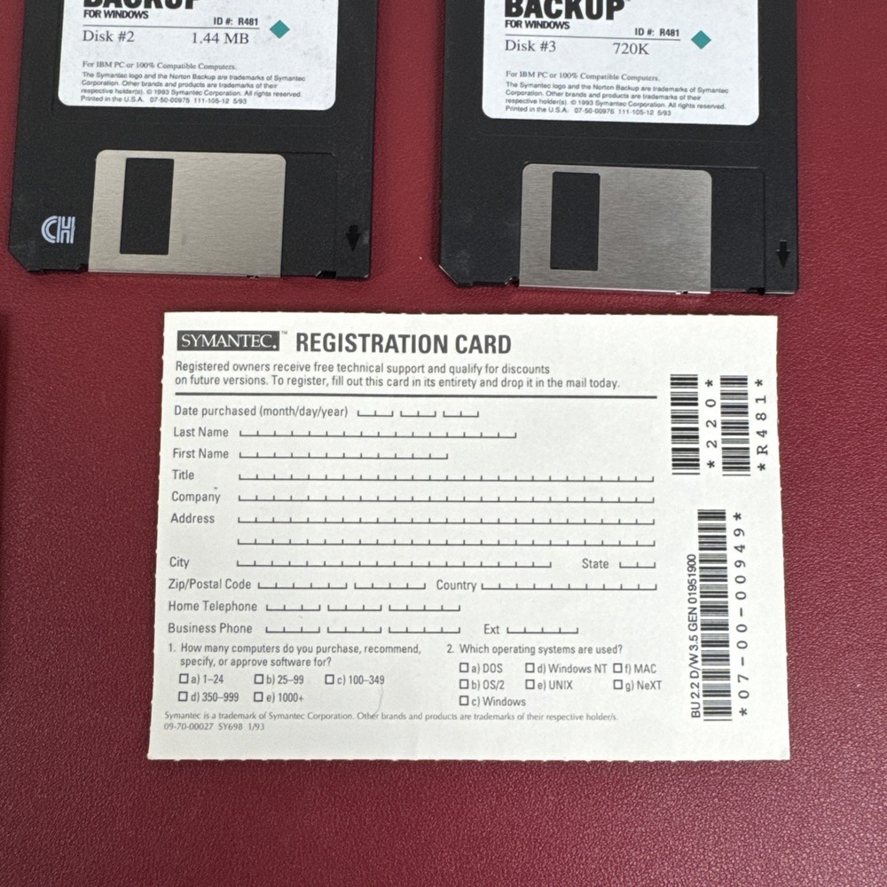 Symantec Norton Backup for Wndows DOS IBM Software 3.5" Disk