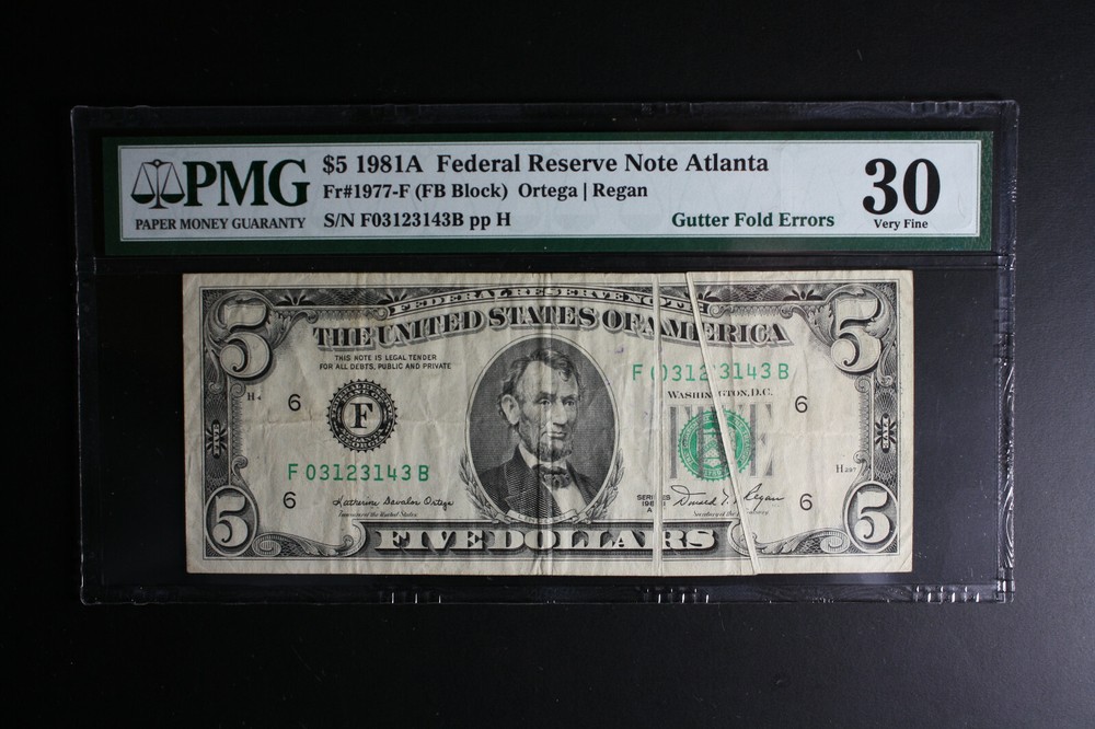 1981A $5 Dollar Bill Dual Gutter Fold Error PMG VF30.  LOOK***