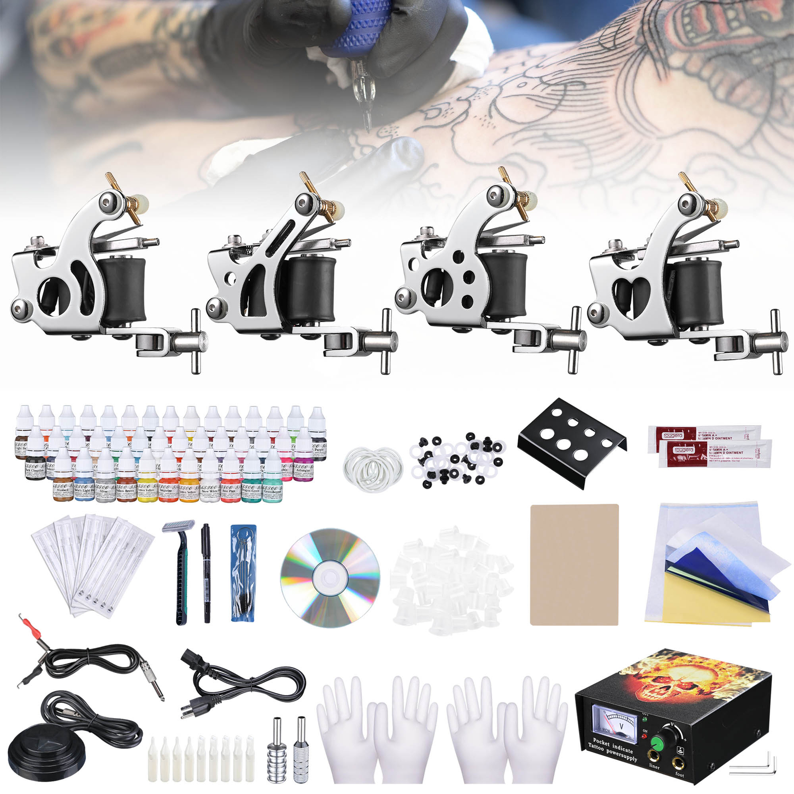 Complete Tattoo Gun Starter Kit 4 Machine 40 Inks Needles Grip Power Supply Tips