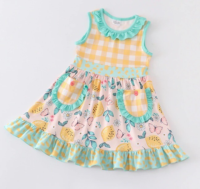 NEW Boutique Lemon Citrus Girls Sleeveless Ruffle Dress
