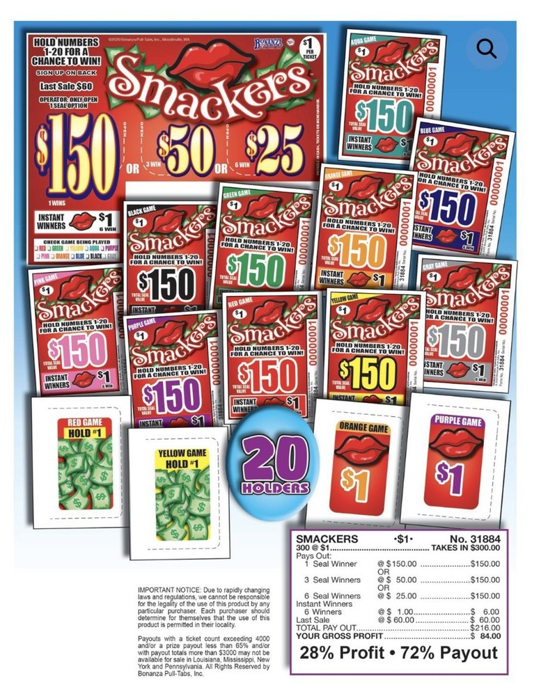 Pull Tab Ticket - Hard Card Tickets - Game - Smackers 300 ct