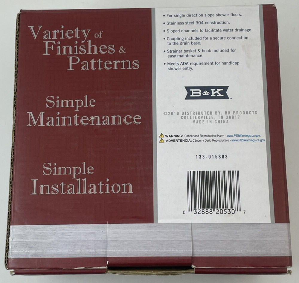 B&K 6? Zero Pattern Grating Square Model Shower Drain, Polished Chrome Open Box