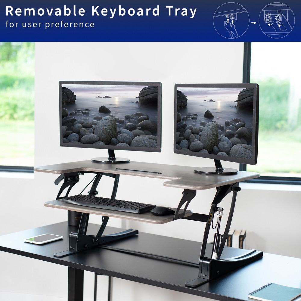 VIVO Gray Height Adjustable Standing Desk Riser, Tabletop Sit-Stand, Black Frame