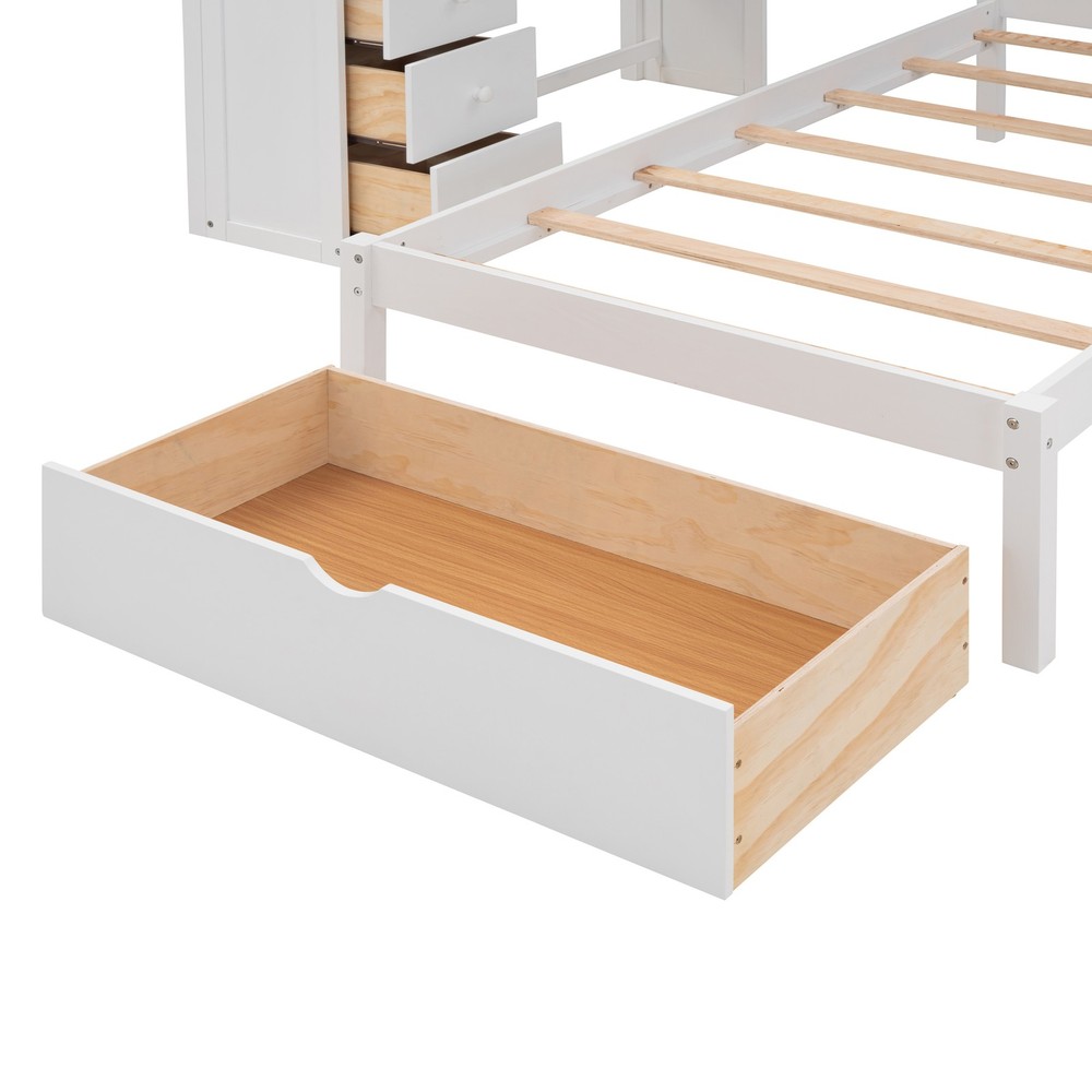Twin Bunk Bed with Desk, Drawers & Bookcase, White Solid Wood Storage