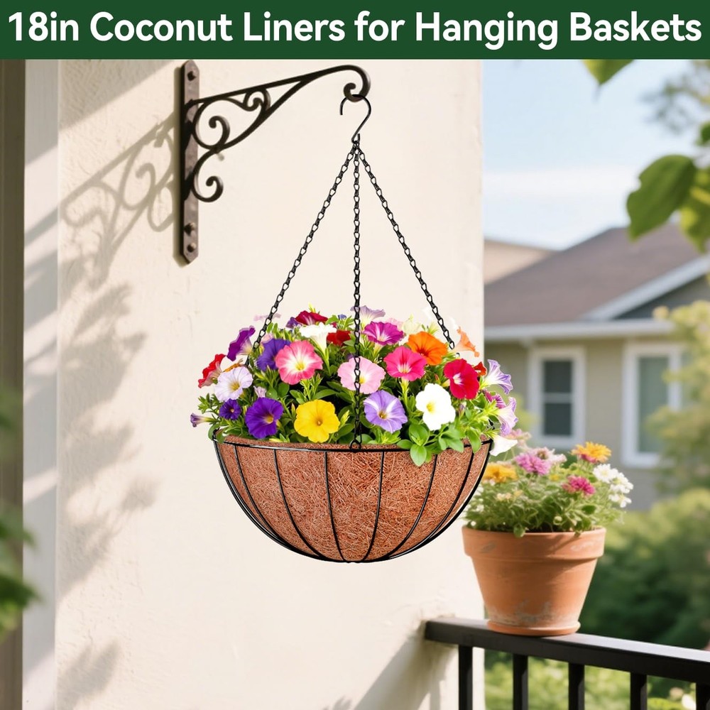 4 Pack 18 Inch Coco Liners for Hanging Baskets, Round Coconut Liners for Plan...