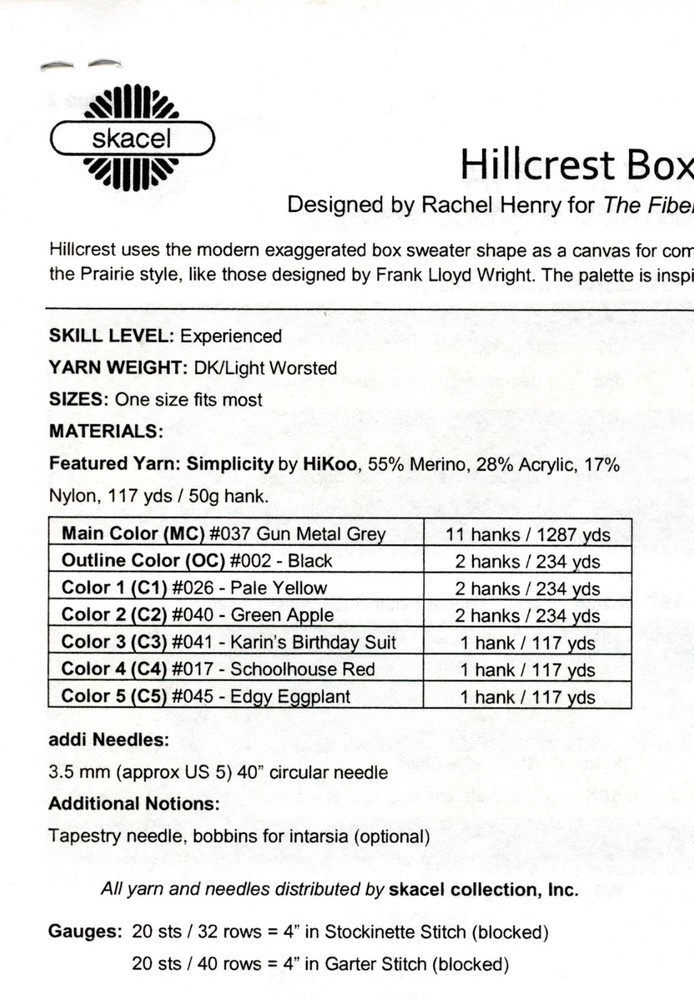 Skacel Knitting Pattern 21100511 Simplicity Hillcrest Boxy Sweater