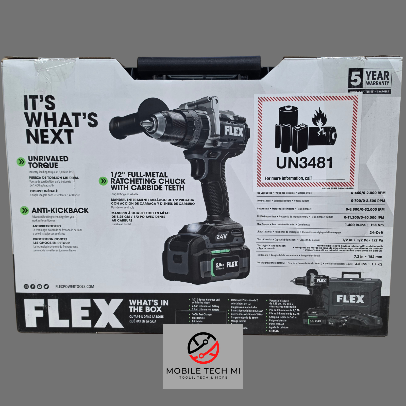FLEX 24V 1/2" 2-Speed Hammer Drill w/ Turbo Mode Kit 2x Batteries FX1271T-2B
