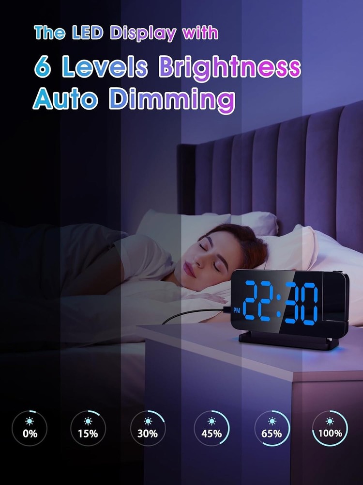 Projection Alarm Clock, Digital Clock with 180° Rotatable 3-Level Brightness