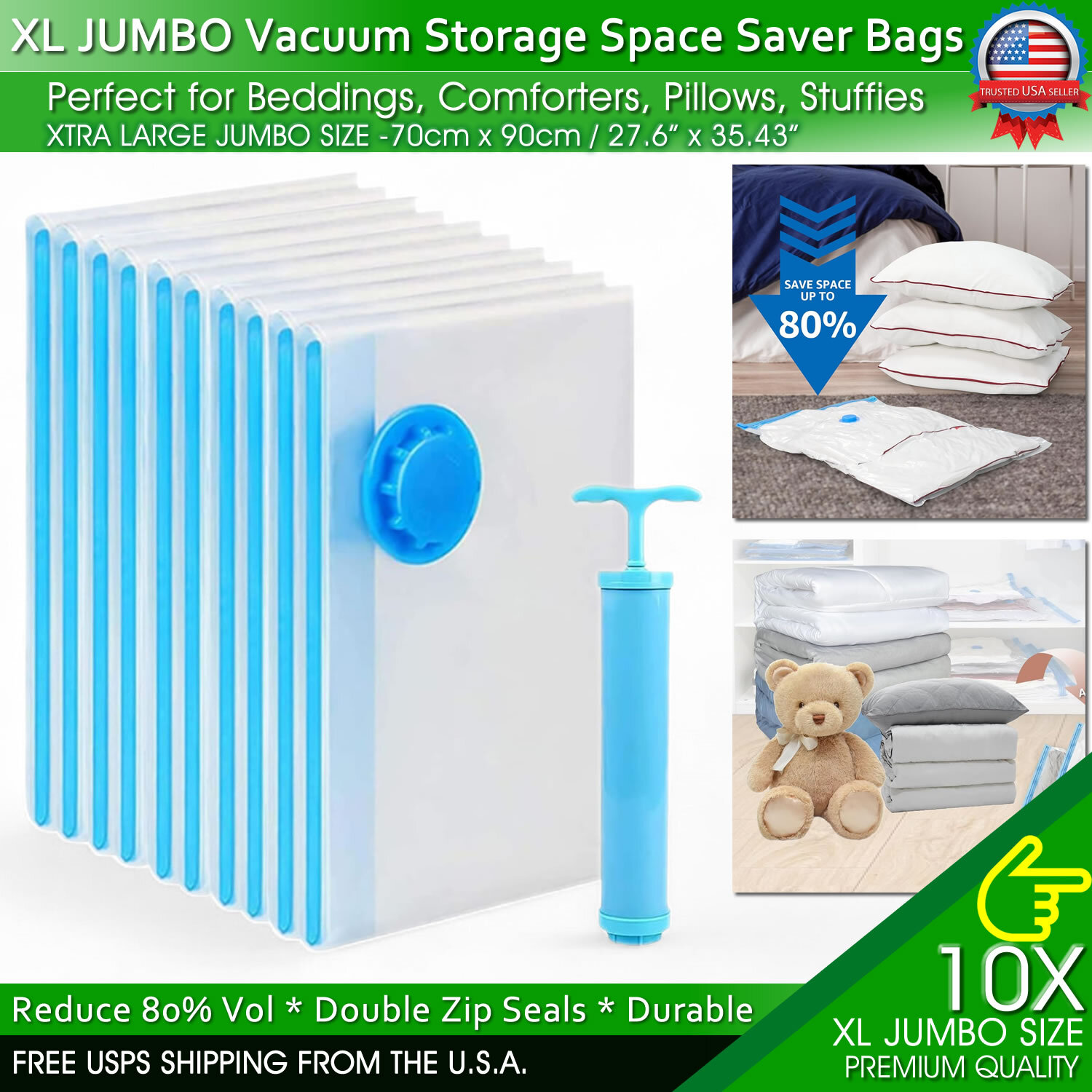 Jumbo Vacuum Storage Bags XL XXL Bedding Clothes Travel Space Saver w/ Hand Pump